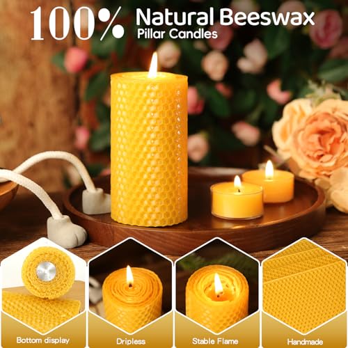 Image of Beeswax Pillar Candles,Non-Toxic Honeycomb Bees Wax Candle for Home,Yellow | 2x4 inch,12 Pack,240 H long clean Burning,100% Pure,natural unscented,smokeless,candle for home,emergency,prayer,dinner