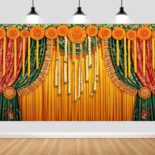 Image of 7X5ft Indian Pooja Backdrop Traditional Diwali Puja Ganpati Background Marigold Garland Drape for Wedding Party Religious Festival Decor Photo Booth Studio Props