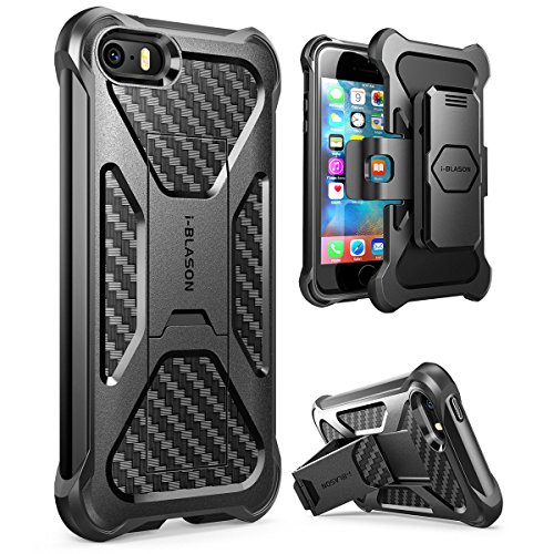 iPhone SE/5s/5 Case, i-Blason Prime Kickstand Heavy Duty Dual Layer Combo Holster Cover case with Locking Belt Swivel Clip for Apple iPhone SE 2016 Release (Compatible with iPhone 5s/5) (Black)