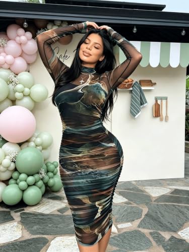 Image of MOEENCN Women's Sexy Long Sleeve Sheer Mesh Midi Bodycon Dress 2 Piece Set