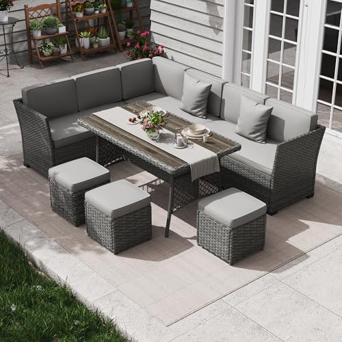 KIGOTY 7 Piece Patio Furniture Set, Outdoor PE Wicker Rattan Outdoor Dining Set, Patio Table and Chairs Set, Patio Conversation Sofa Set with Dining Table and Ottoman(Grey-Light Grey)