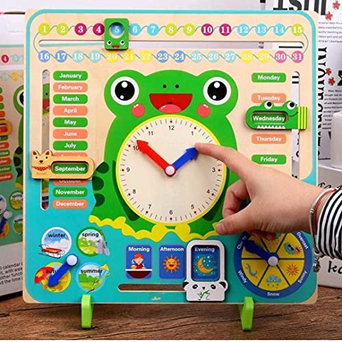 Image of PLUSPOINT Calendar Clock Wooden Learning Toys Kids, Multifunctional Wooden Frog Teaching Clock Calendar,Weather,Season,Time,Week Telling Preschool and Fun 3-14 Years Old