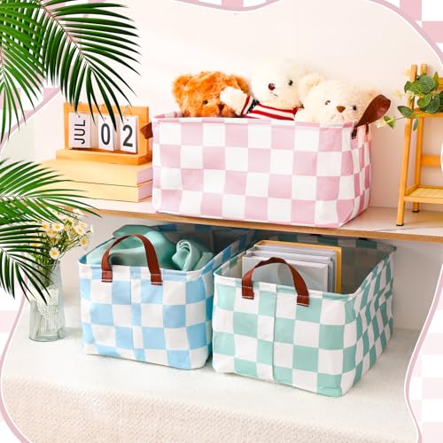 Image of Boao 3 Pcs Pink Green Blue Checkered Storage Basket with Handle Cute Car Baskets Gingham Classroom Laundry Toy Storage Bin Organizer Canvas Plaid Hamper for Dormitory Home Nursery Bathroom Bedroom