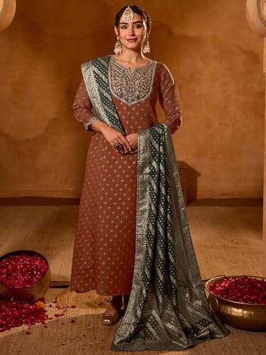 Image of Naixa Women's Silk Embroidered Printed A-Line Kurta with Pant | Dark Green Viscose Jacquard Dupatta Set | 3 /4 Sleeve | Notch Neck | Festive (Available in Plus Size)