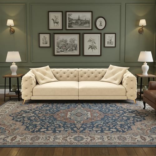 Image of KCGKCG 97.7 inch Sleeper Sofa Bed, Velvet 3-in-1 Pull Out Couch, Convertible Button Tufted Chesterfield Sofa with Movable Ottoman, 3 Seats King Size Couch Bed for Living Room /Bedroom, Apricot