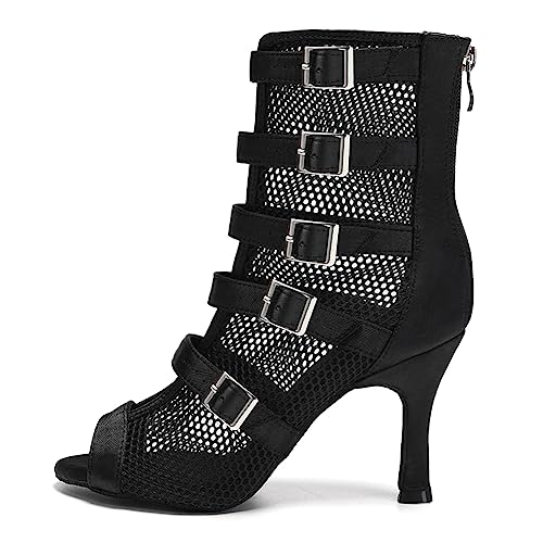 VCIXXVCE Damen High Heels Tanzstiefel Reißverschluss offene Zehen Salsa Bachata Ballsaal Netzgarn-Tanzschuhe 8.5 cm Absatz, Wildledersohle, 39EU