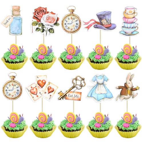 Gyufise Lot de 36 décorations de cupcakes Alice en forme de papillon et de fleur, horloge « Eat Me » - Décorations de gâteaux pour fête prénatale,...