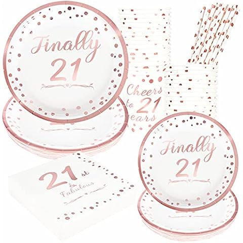 21st Birthday Rose Gold Party Supplies, Disposable Tableware for 24 Guests, Include 7” Paper Plates,9” Plates, 7 oz Cups, Napkins and straws Cover