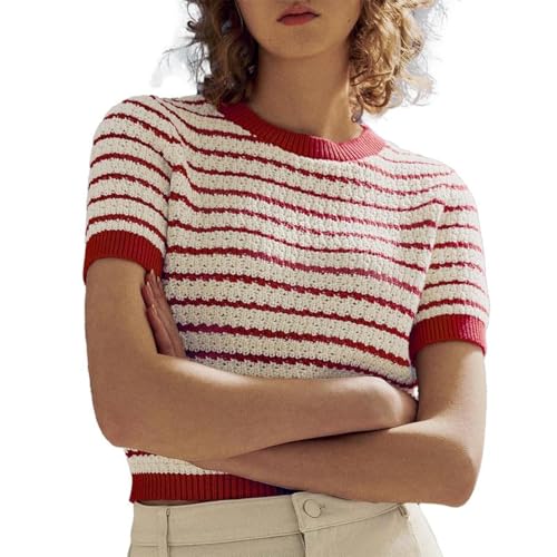 Women's Short Sleeve Sweaters Crewneck Knit Tops Casual Striped 2025 Trendy Soft Summer Blouses