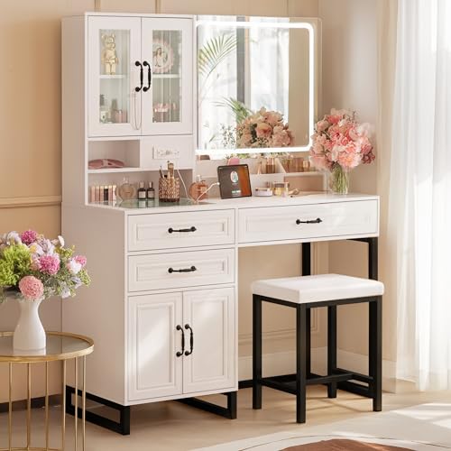 Makeup Vanity With Lights And Mirror,Glass Top Vanity Desk With Power Outlet, 3 Color Adjustable Led Vanitys Table With Chair, 4 Doors Vanity Table With Drawers,Vanity Set For Bedroom (White & Black)