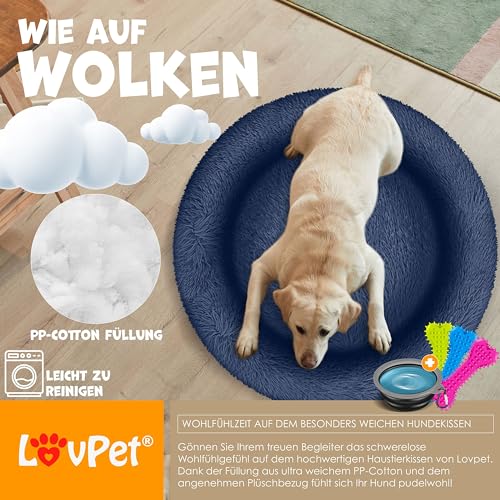 Lovpet® Hundebett Hundekissen Katzenbett Bagel, Waschbar, Inkl. Napf + 3X Kauknochen, Hundesofa flauschig Kissen Rund aus Plüsch für Kleine, Mittelgroße & Große Hunde, Katzen [3XL, Ø 100cm Navyblau]
