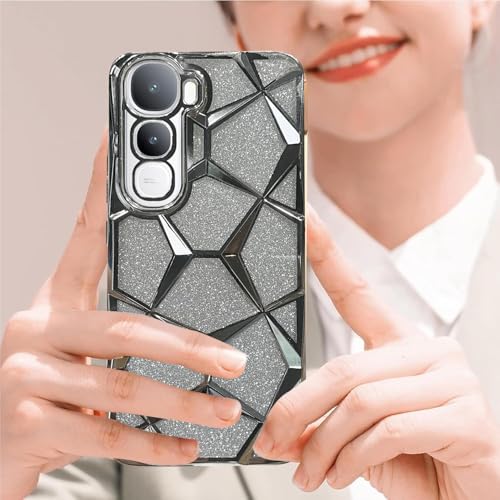 Image of VONZEE Gradient Glitter Case for VIVO Y400, Luxury Electroplated 3D Cube, Diamond Bling Shiny Soft TPU Clear Shockproof Women Girls Protective Phone Cover (Silver)