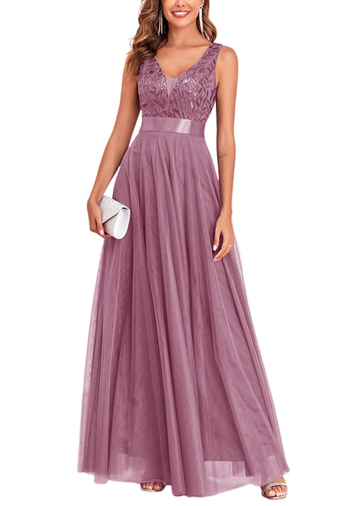 ORANDESIGNE Vestito da Sera Elegante Donna Lungo Vestiti Paillettes in Tulle Chiffon Abito Damigella d'Onore Vita Alta Formale Maxi Abiti da Cerimonia Linea ad A Stile Impero