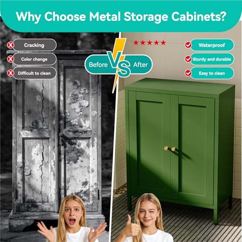 Image of Small Metal Storage Cabinet, 23.6 inch Wide Bathroom Cabinet with 2 Adjustable Shelves, 3-Tier Shaker Sideboard Storage Unit for Entryway Living Room Kitchen,Forest Green