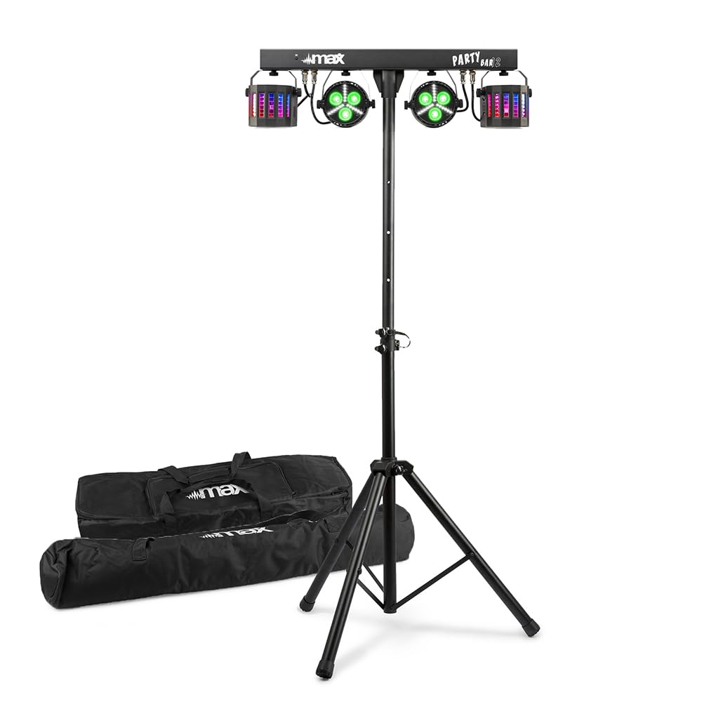 Max Black Partybar12 Led Dj Light Bar With Stand, Bag And Remote Control, Derby, Par & Strobe Disco Party Effect Dmx Stage Lighting System
