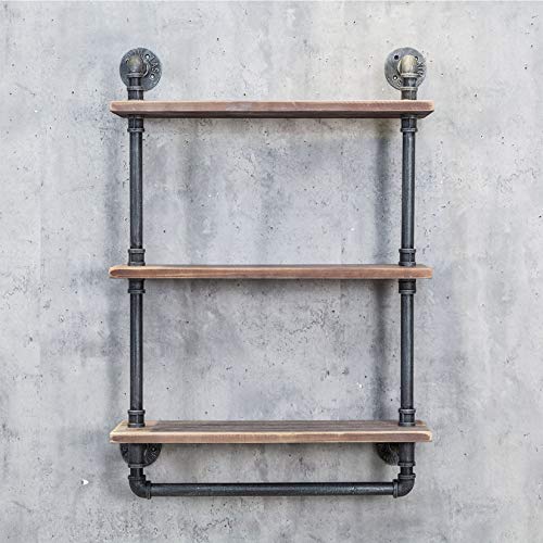 MDEPYCO Industrial Pipe Bathroom Shelves,Rustic 20in Wood Shelf with Towel Bar,Farmhouse Towel Rack,Metal Floating Shelving Towel Holder,Wall Mounted 3 Tier Distressed Shelf Over Toilet