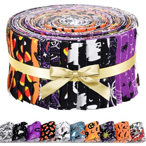 40 Pcs Halloween Cotton Fabric Strips Roll for Quilting Crafting 40 x 2.6 Inch Quilting Ghost Skull Pumpkin Candy Spider Bat Precut Patchwork for Sewing DIY Crafts Cotton Fabric Bundles