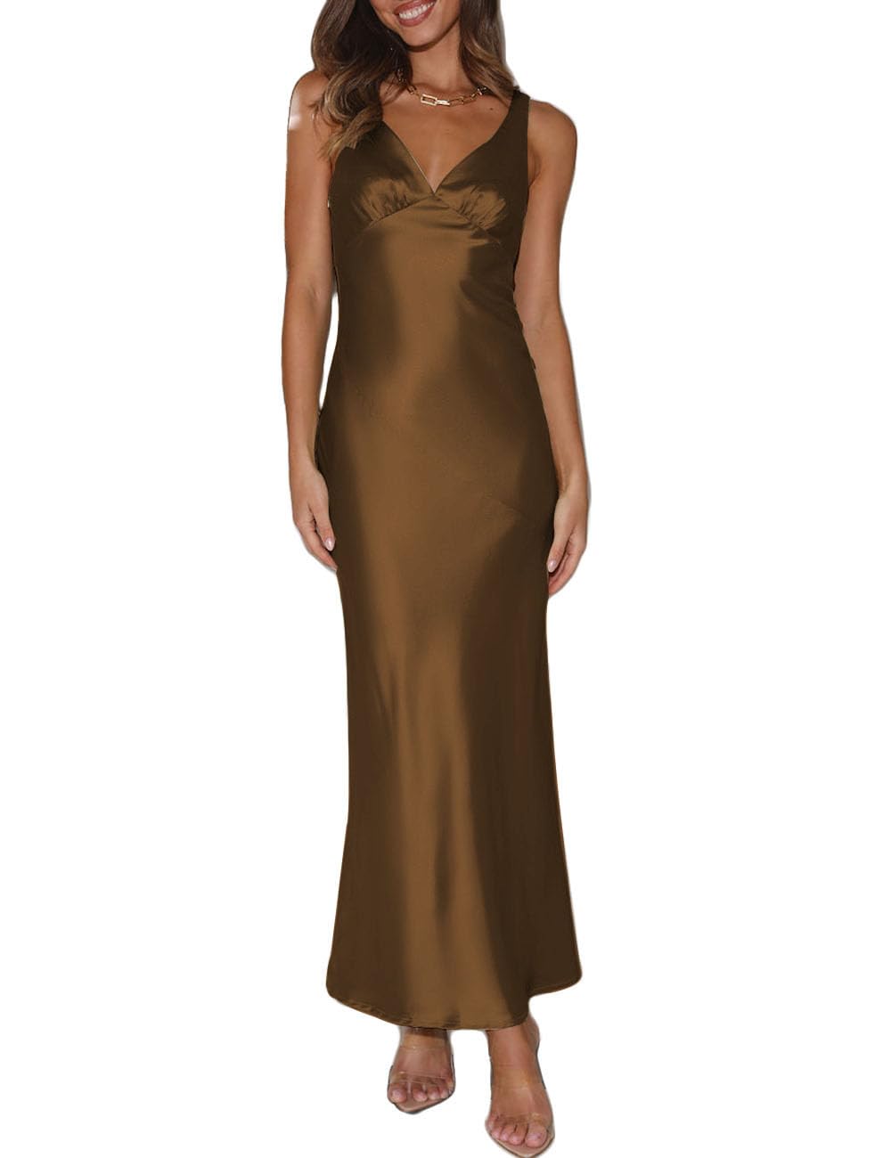 Photo 1 of Womens Elegant Satin V Neck Backless Sleeveless Maxi Dress Silk Tie Low Back Formal Cocktail Dresses Wedding Guest Brown