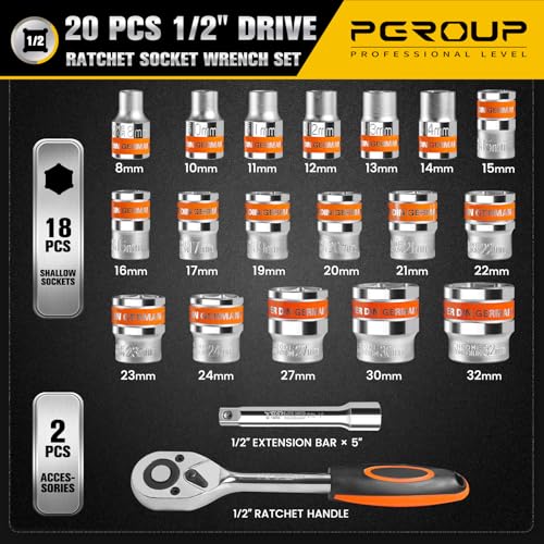 Image of 20 PCS 1 /2 inch Drive Metric Socket Wrench Set,1 /2 Reversible Ratchet Handle,6 Point Shallow Sockets (8-32mm) and Extension Bar 5 inch, CR-V Steel, Car Repair Set