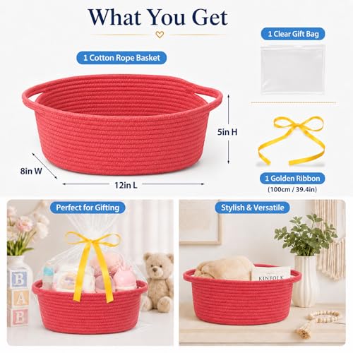 Image of Empty Gift Basket with Gift Bag & Ribbon, Woven Rope Basket, 12x8x5 inch