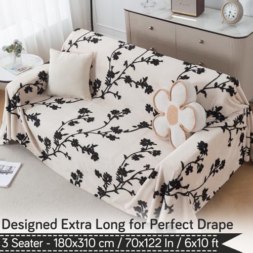Image of HOKIPO Plush Sherpa Sofa Cover for 3 Seater Sofa | Thick Cozy Washable Sofa Throw | Full Protection Sofa Cover, 'Noirea Series' Botanical Vine (180x310 cm) (AR-6653-D5)