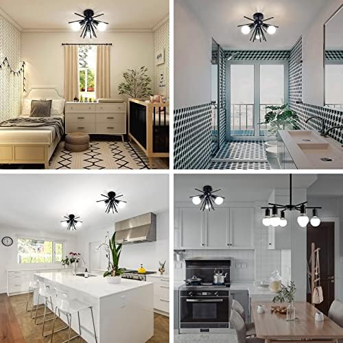 JHLBYL Modern Black Sputnik Ceiling Lights, Industrial Vintage Chandelier with E27 Base, 3-Lights Semi Flush Mount Ceiling Light for Bedroom Lights, Kitchen Lights, Hallway Lighting