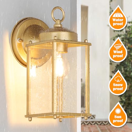 Image of MATAMEYE Large Outdoor Wall Lantern, Exterior Waterproof Wall Sconce Light Fixtures, Gold Front Door Lighting with Clear Beveled Glass, Anti-Rust E26 Socket Porch Lamp, 2 Pack