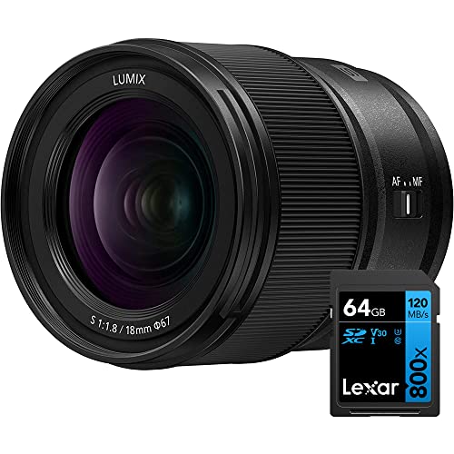 Image of Panasonic S-S18 LUMIX S 18mm f/1.8 Camera L-Mount Lens for Mirrorless Full Frame Cameras Bundle with Lexar 64GB High-Performance 800x UHS-I SDHC Memory Card Blue Series