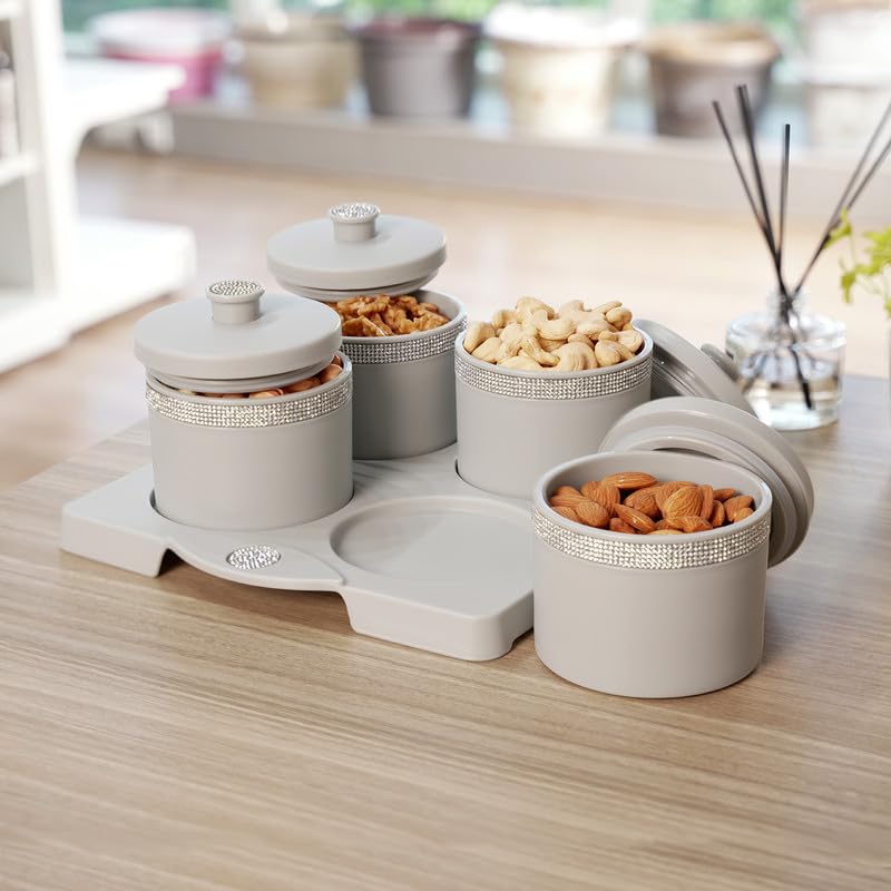 Image of Nayasa Sapphire Round Dry Fruit, 4 pcs Container Serving Tray Set | 450 ML Each | Multipurpose Serving Set | Premium Design | BPA Free | Food Grade | Air-Tight Lid | Snack Organizer Tray | Grey