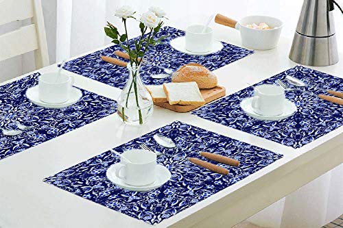 Moslion Circular Ornaments Floral Placemats,Chinese Painting On Porcelain Dark Blue Background Place Mats For Dining Table/Kitchen Table,Waterproof Washable Outdoor Dinner Table Mats,Set Of 4 #TOP5