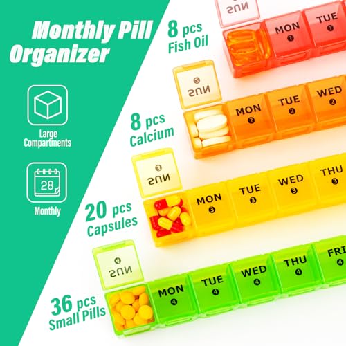 Image of Large Monthly Pill Organizer, XL 4 Weeks Pill Box,28 Day Pill Cases Organizerd by Week,Big Compartment Pill Container with Dust-Proof,for Pills /Vitamin /Fish Oil /Supplements,by Yaklim (ROYG)