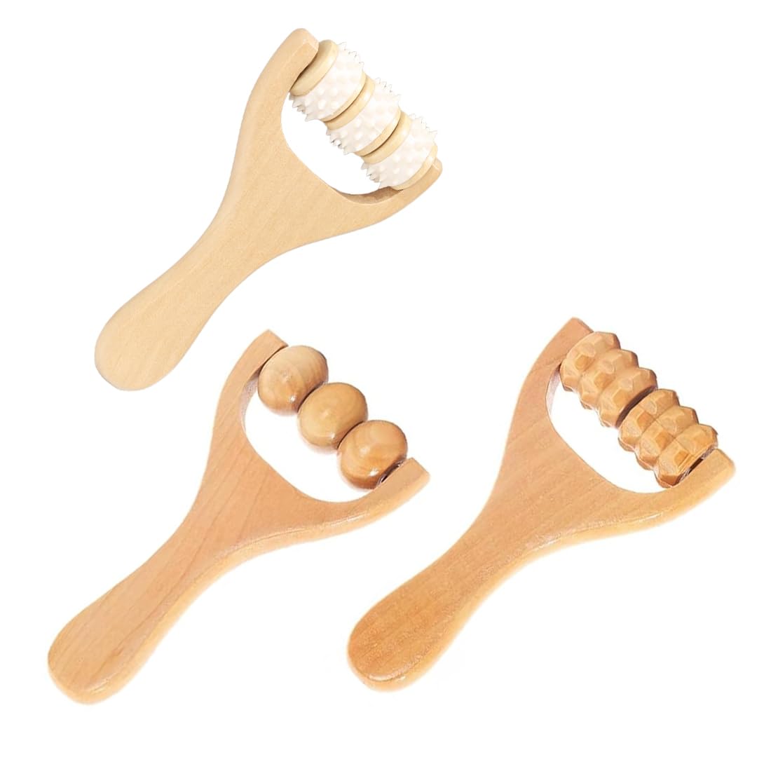 Rodillo de masaje de madera, 3 Piezas, Rodillo de masaje con asa, Rodillos de Madera de Mano, Herramientas de Masaje Muscular, Para Relajación de Espalda, Piernas, Músculos de Cuerpo