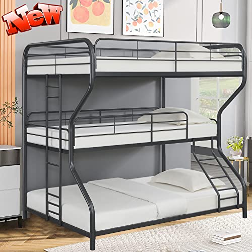 Litera triple de metal grueso de tamaño matrimonial sobre matrimonial, camas triples de acero más fuerte y resistente, tamaño matrimonial con escaleras para niños y adultos, fácil montaje (negro,