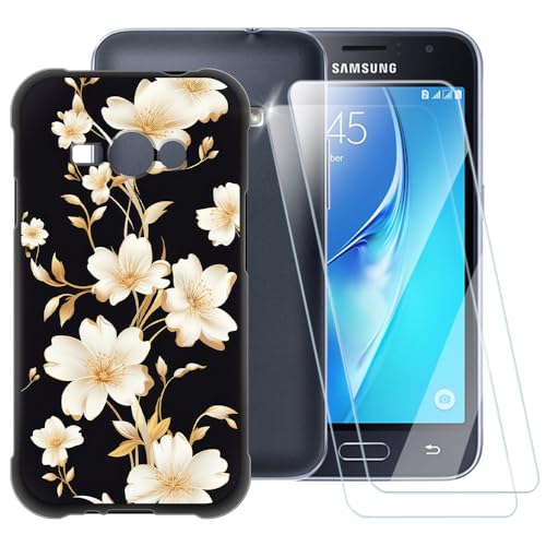 Lot de 2 coques à motif fleurs dorées compatibles avec Samsung Galaxy J1 Ace + [2] protecteur d'écran en verre trempé, coque antichoc pour Samsung Galaxy...