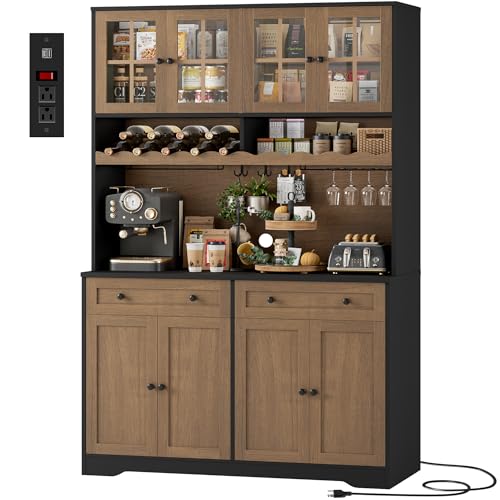 Image of HOSTACK 75.4 inch Tall Kitchen Pantry Cabinet with Charging Station, Modern White Kitchen Hutch with Microwave Stand and Wine Rack, Large Food Pantry Storage Cabinet with Glass Doors and Drawers, Brown