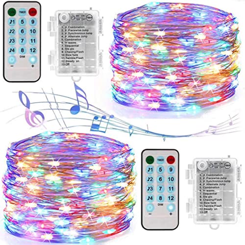 Dreamworth 2 Pack 12 Modes Sound Activated Music String Lights, Battery Operated 33Ft 100 LED Silver Wire Fairy Lights with Remote Timer for Bedroom Wedding Party Festival(Multicolor)