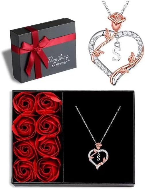 Iefil Rose Heart Necklaces Gifts for Women - 925 Sterling Silver Heart Initial Necklace, Anniversary Birthday Gifts for Women, Jewelry Gift for Wife Girlfriend Mom Daughter