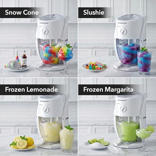 Image of OVENTE Shaved Ice Machine, Electric Ice Shaver with 2 Shaving Settings, Blending Jar /Serving Pitcher, Easy to Use Slushy & Snow Cone Maker for Homemade Treats, Frozen Cocktails & More, White ICR2037W