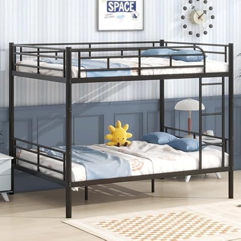 FULLJOJOR Bunk Beds Full Over Full, Convertible into 2 Separate Full Size Bed Frame Bunkbed for Adults with High Guardrail and Built-in Ladder, No Box Spring Needed, for Small Spaces, Black Cover