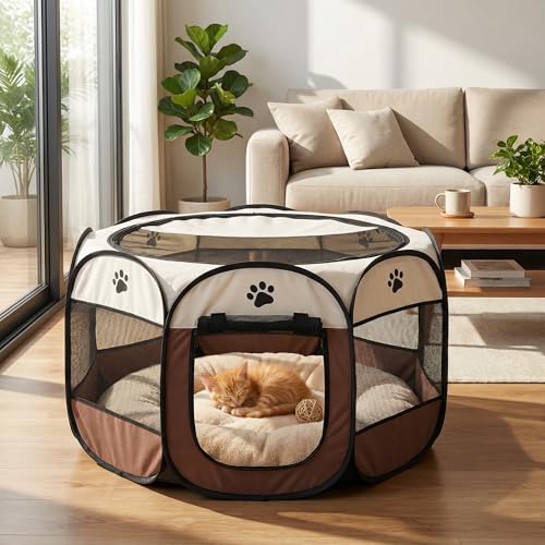 Welpenauslauf 74x74x43cm, BRIMOREA Katzenkäfig Hundekäfig für zuhause, Gitterbox Hund Wurfbox für Katzen Kaninchenstall innen Katzengehege Balkon Katzenkäfig für Draußen Hasen Auslauf(Braun)