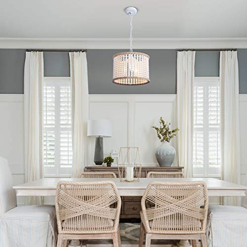 VILUXY Bohemia Wood Beaded Chandelier Antique Rustic Pendant Light White Finishing for Bedroom, Kitchen Island, Girl Room 3-Light - Image 3