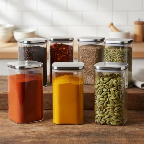Image of ginoya brothers Airtight Borosilicate Glass Square Jar With Wooden Or Steel Lid Multi-Size, Container for Spices, Coffee, Grains, Snacks & Kitchen Organization (6, STEEL LID, 420 ML)