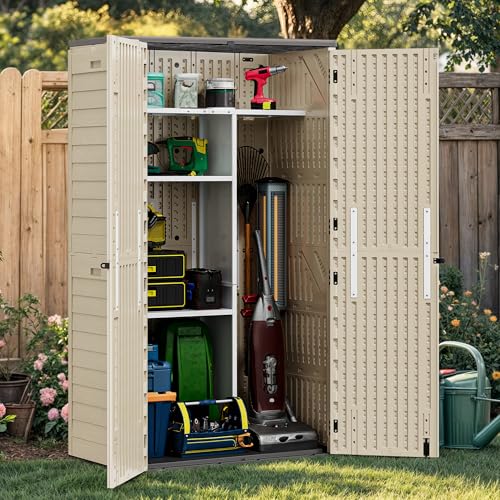 Image of YITAHOME 60 cu ft Tall Outdoor Storage Shed w /o Shelf, Resin Vertical Outdoor Storage Shed, Large Waterproof Storage Cabinet for Garage, Poolside, and Garden (Khaki + Black)