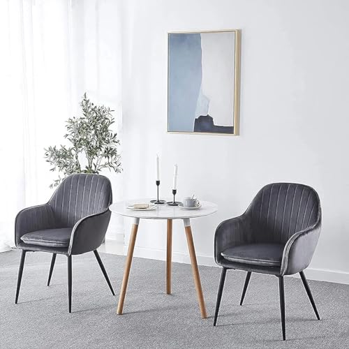 Image of Pair of 2 Stylish, Modern, Elegant & Comfortable Velvet Arms Chairs for Dinning Living Hotel Cafe (2 Chairs) (Grey Black Legs)