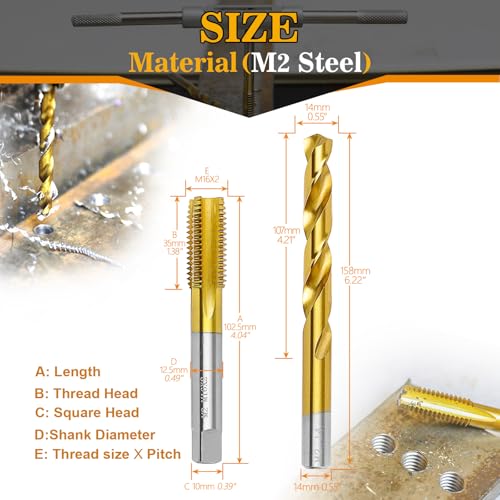Image of M16x2.0 Tap and 14.0mm Drill Bit Kit, M2 HSS Metric Drill and Tap Set, Combination of Drill and Tap Kit for Metal