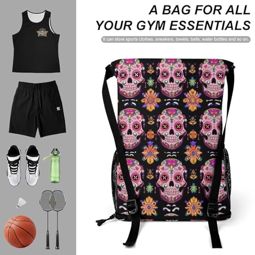 Men's Large Capacity Day Dead Colorful Sugar Skull Drawstring Backpack, Waterproof Pull String Sport Bag for Hiking Travel Gym Beach Swim3