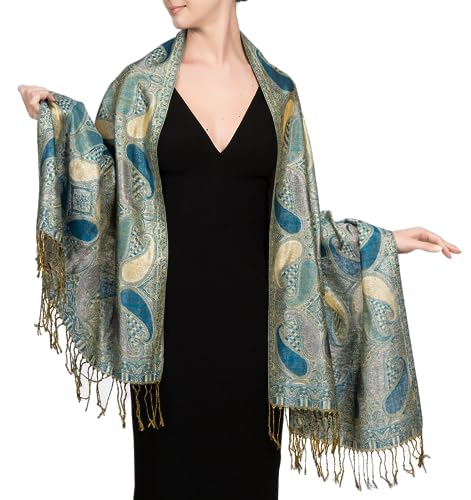 Achillea Women’s Paisley Pattern Sparkling Metallic Pashmina Shawl Wrap Scarf Stole