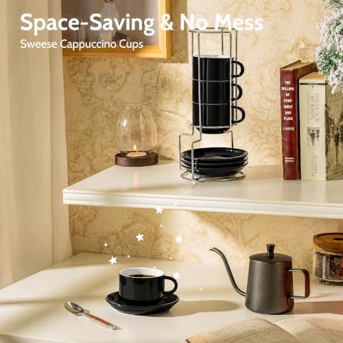 Image of Sweese 8 Ounce Stackable Cappuccino Cups with Saucers and Metal Stand,Black