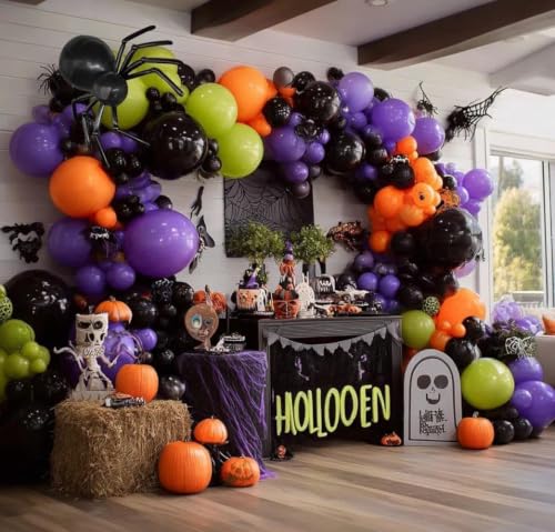 Image of Black Purple Balloon Arch Double Stuffed Latex Orange Green Metallic Purple Black Balloon Garland for Halloween Thanksgiving Wednesday Birthday Vampire Retirement Prom Decor