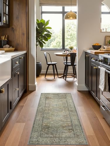 Runner Rug for Hallway Kitchen, 2x5 Machine Washable Runners Rug for Entryway, Soft Modern Boho Throw Rugs, Low Pile Floor Cover with Non Slip Backing, Distressed Light Greyish Sage Green